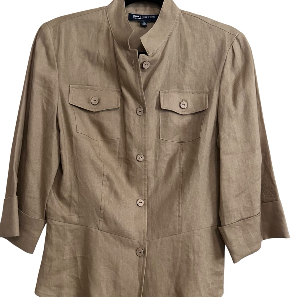 Jones NY Tan Linen Button Down Top Size Medium - Picture 2 of 5